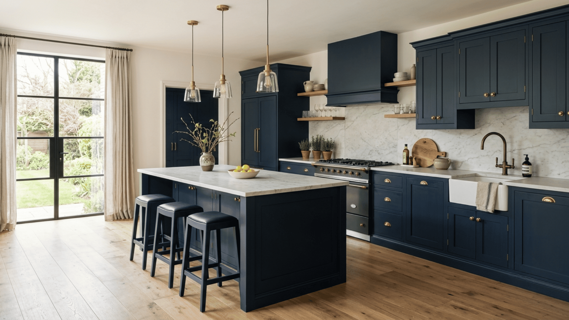 navy blue kitchen with brass hardware, pale marble counters, dark island, and warm oak flooring