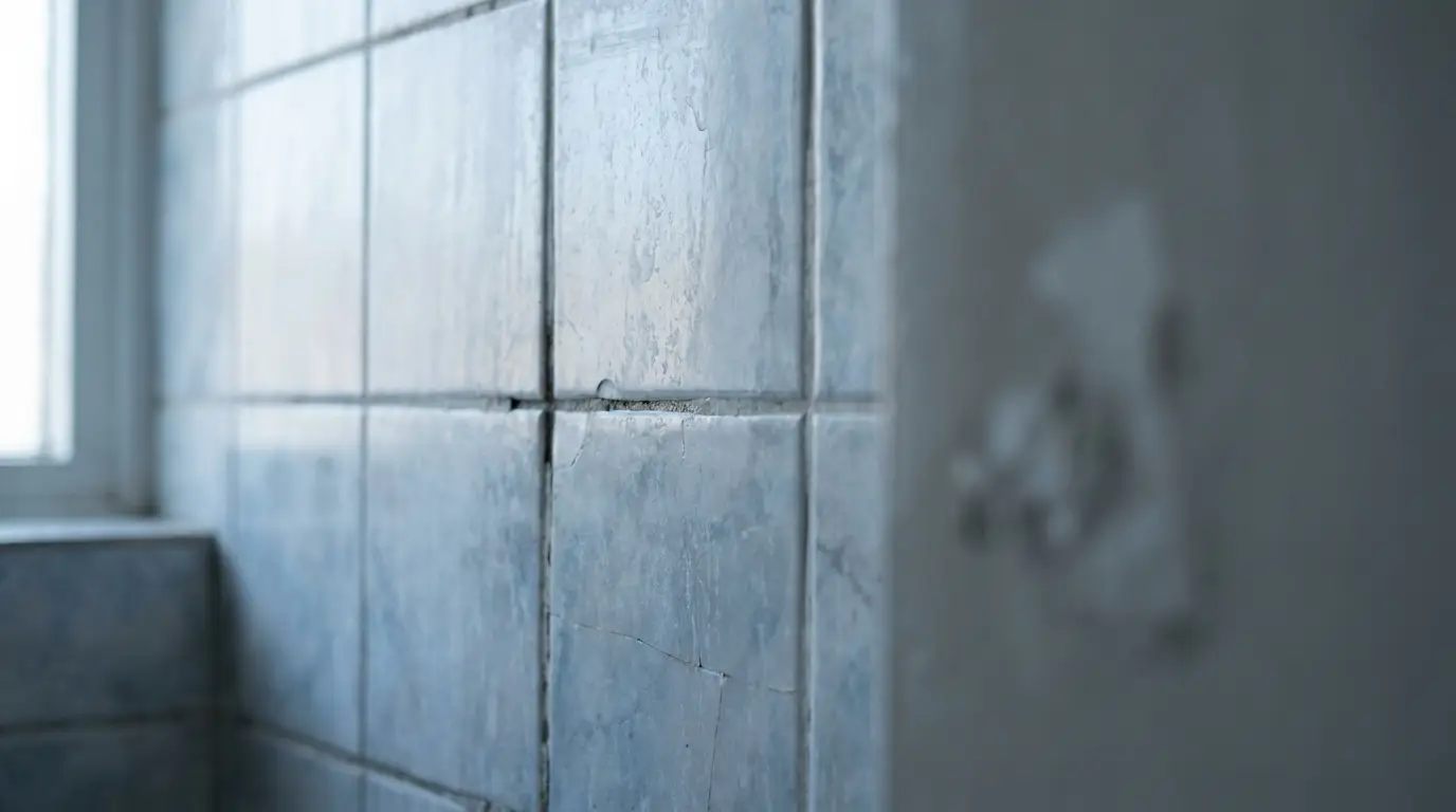 Close-up of worn blue bathroom tiles with visible cracks and grout lines