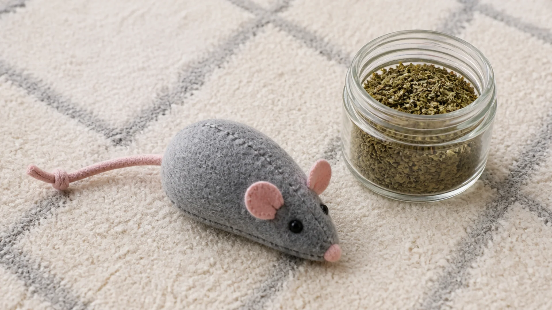 Gray fabric mouse cat toy with pink ears and tail placed beside a jar of dried catnip
