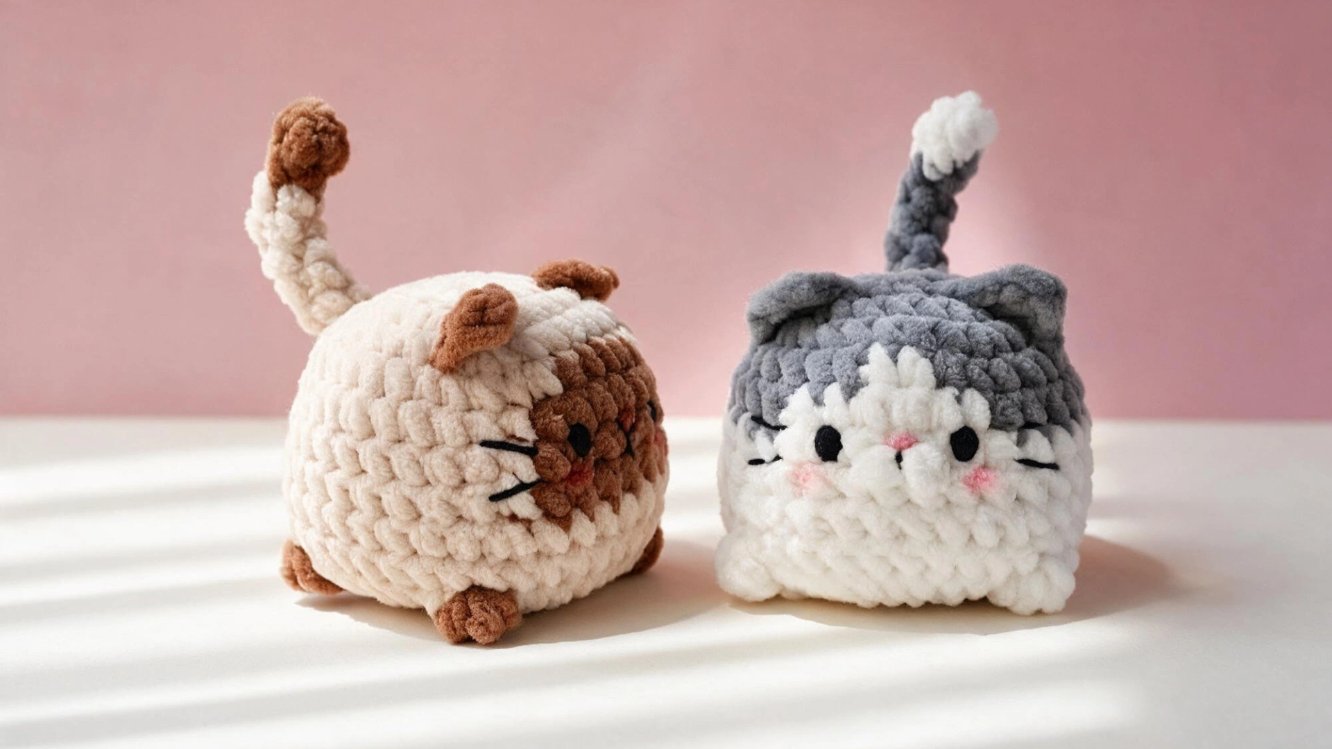 Two no sew crochet cats made with plush yarn in cream brown gray and white with rounded bodies tiny ears and upright tails.