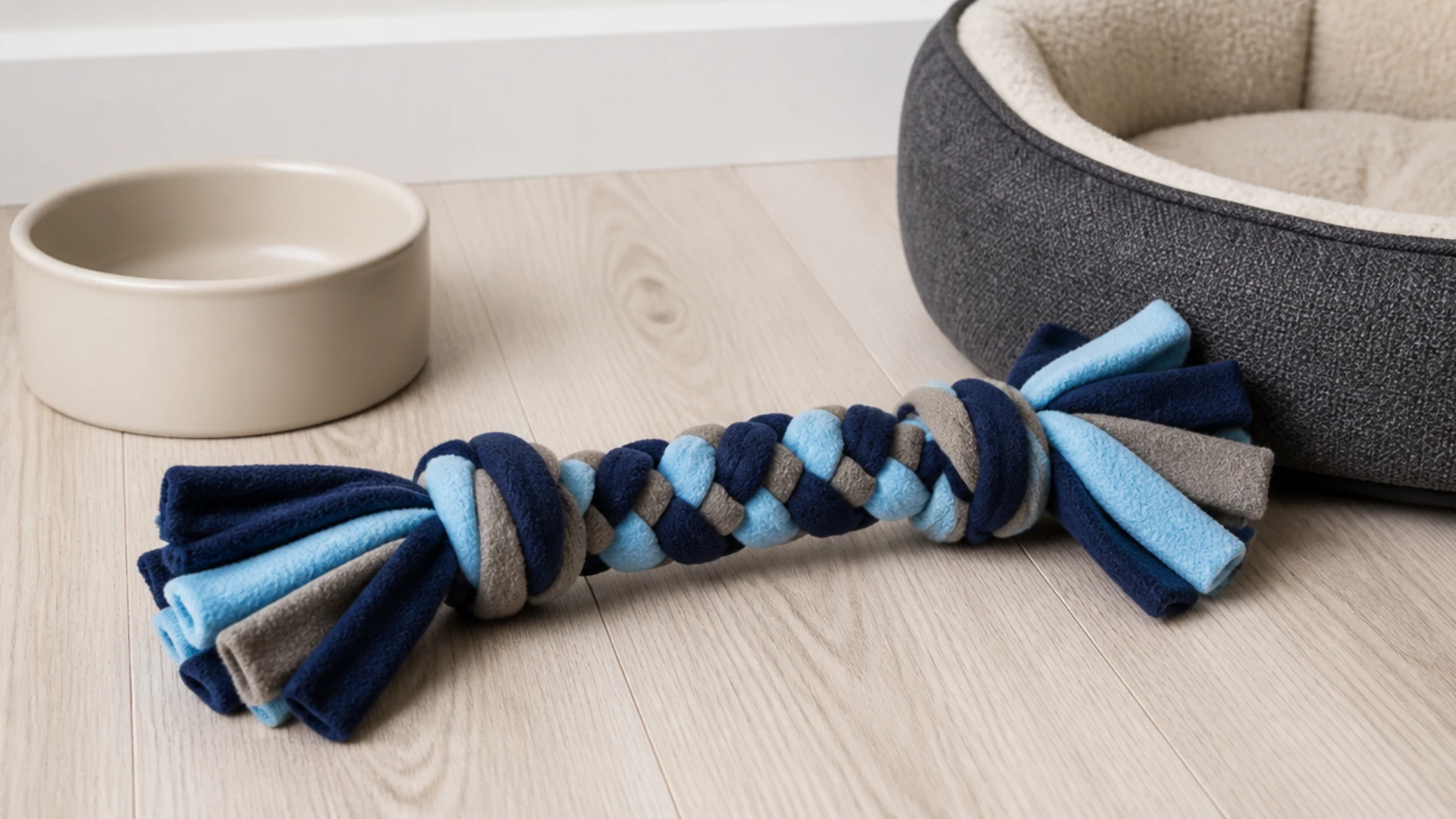 Braided fleece dog toy in blue and gray placed beside a pet bed and food bowl