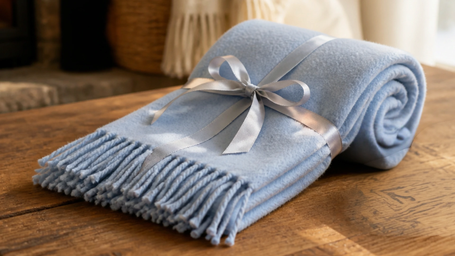 A light blue fringed blanket is rolled and tied with a silver ribbon on a wooden table.