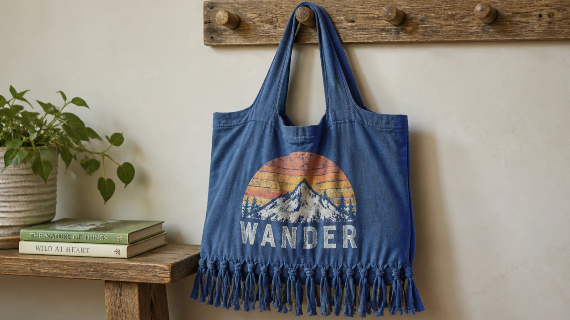 Blue no sew fringe tote bag made from a T shirt hanging on a wooden wall rack