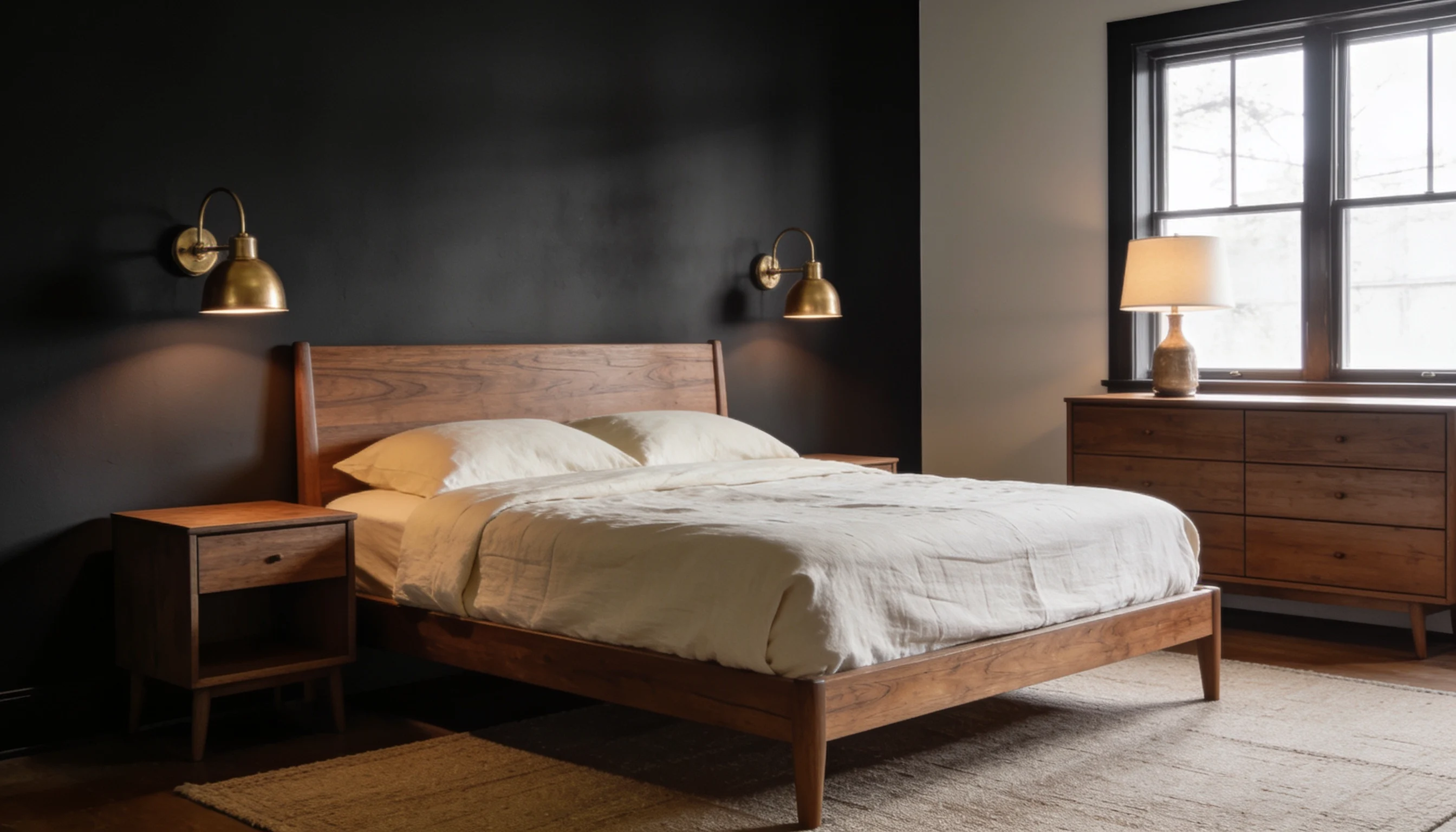 A modern bedroom featuring black walls and elegant wood furniture, creating a stylish and cozy atmosphere.