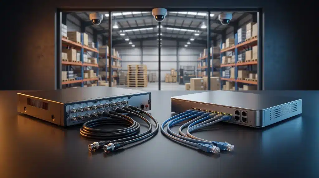 Two security DVR devices with cables on table in front of warehouse shelves