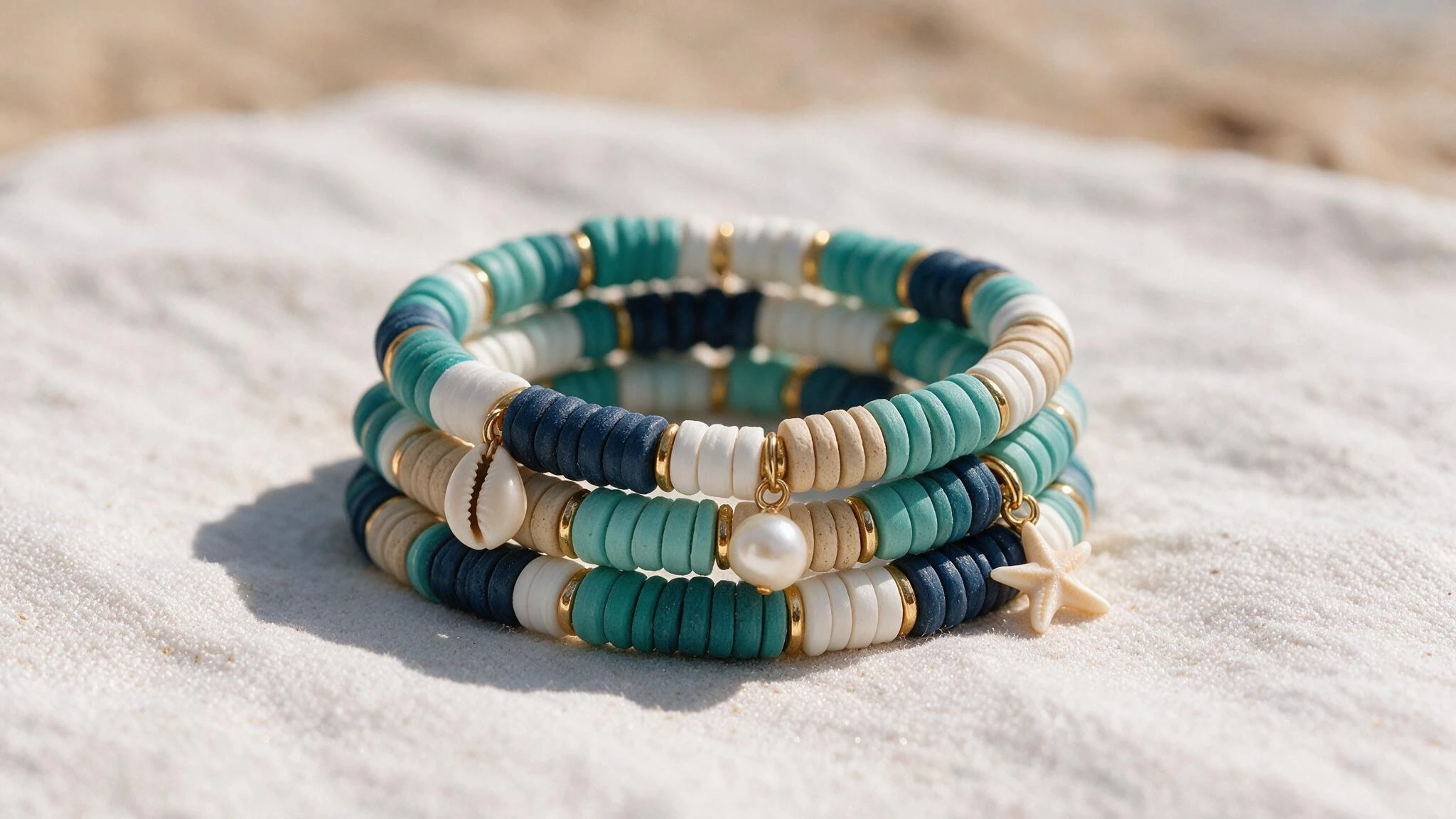 A stack of three ocean-inspired bracelets featuring shells and seashells, showcasing a beach-themed design.