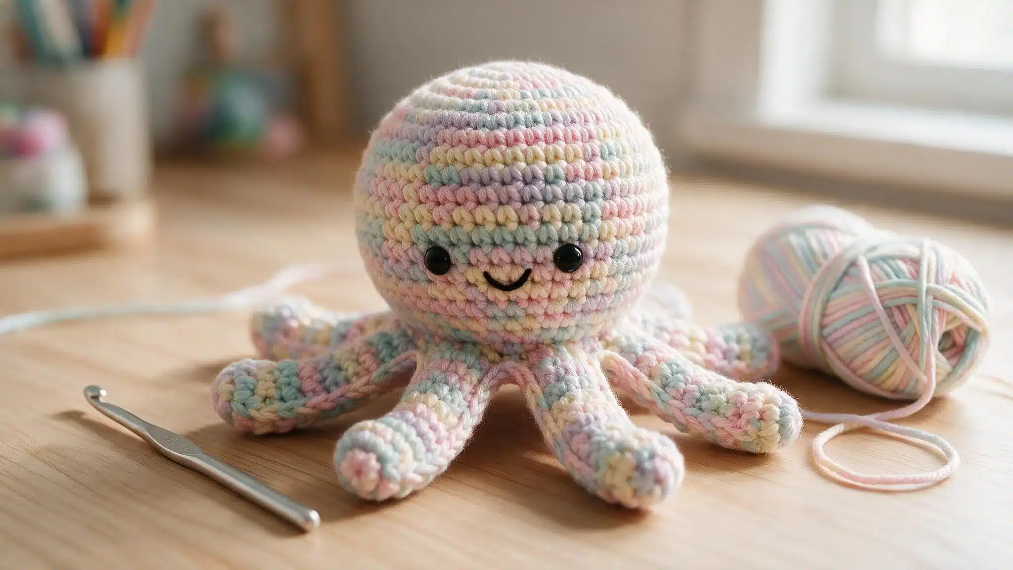Pastel striped crochet octopus with smiling face yarn ball and metal crochet hook on a bright wooden craft table
