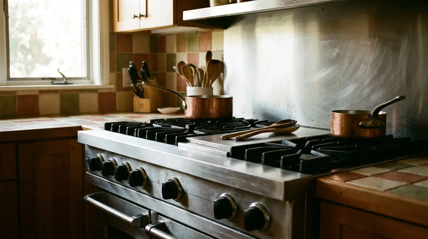 Copper pots and wooden spoons on a gas stove in a cozy kitchen setting