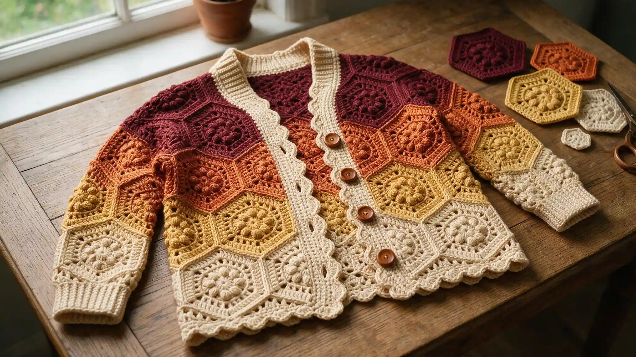 A crocheted hexagon cardigan featuring an ombre style, showcasing intricate patterns and vibrant color transitions.