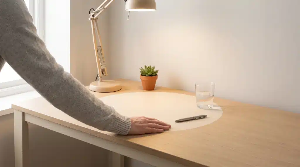 Hand on light wooden desk with lamp, small plant, pen, and glass of water
