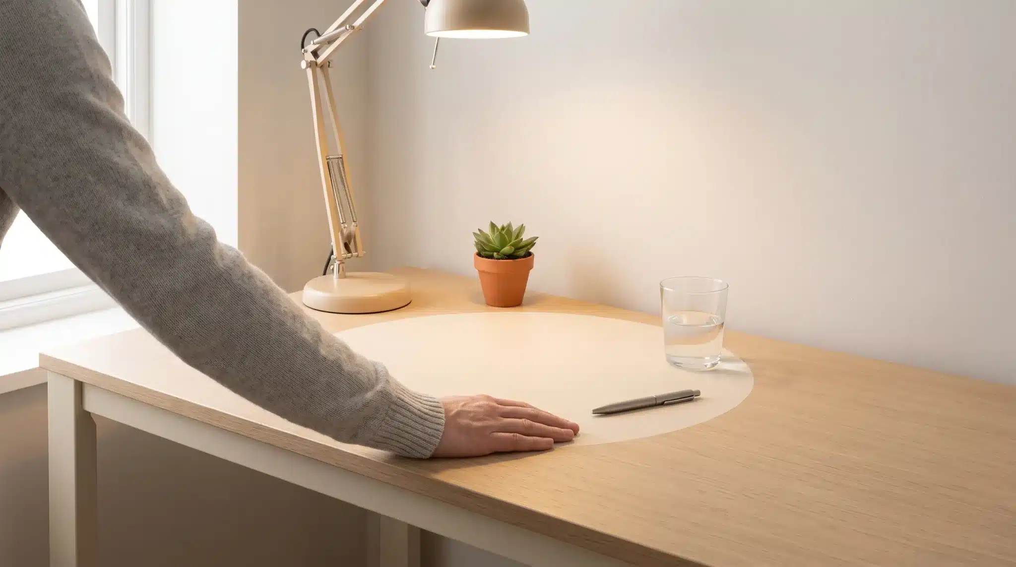 Hand on light wooden desk with lamp, small plant, pen, and glass of water