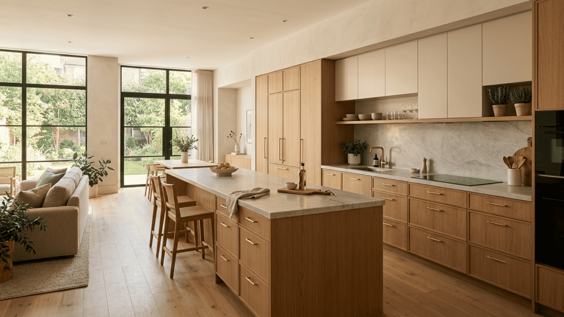 one-wall kitchen with oak cabinets, pale stone island, black windows, and warm wood floors