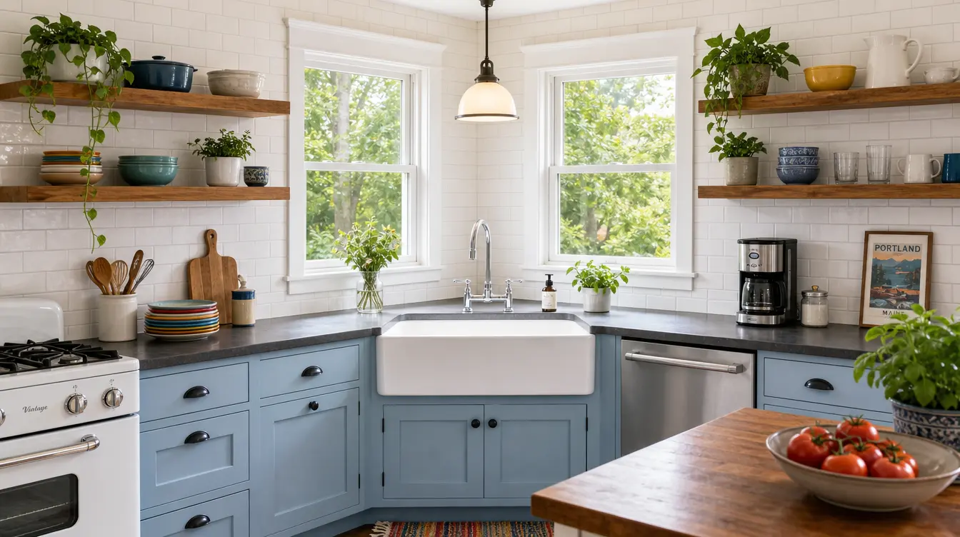 Bright farmhouse kitchen with blue lower cabinets, white subway tile, open wood shelving, and a farmhouse sink.