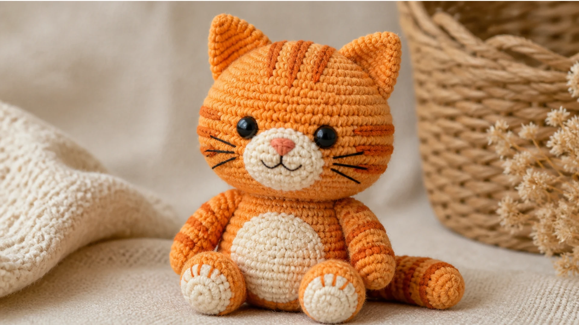 Orange tabby crochet cat with striped head and tail cream muzzle belly and paws sitting on a soft neutral surface.