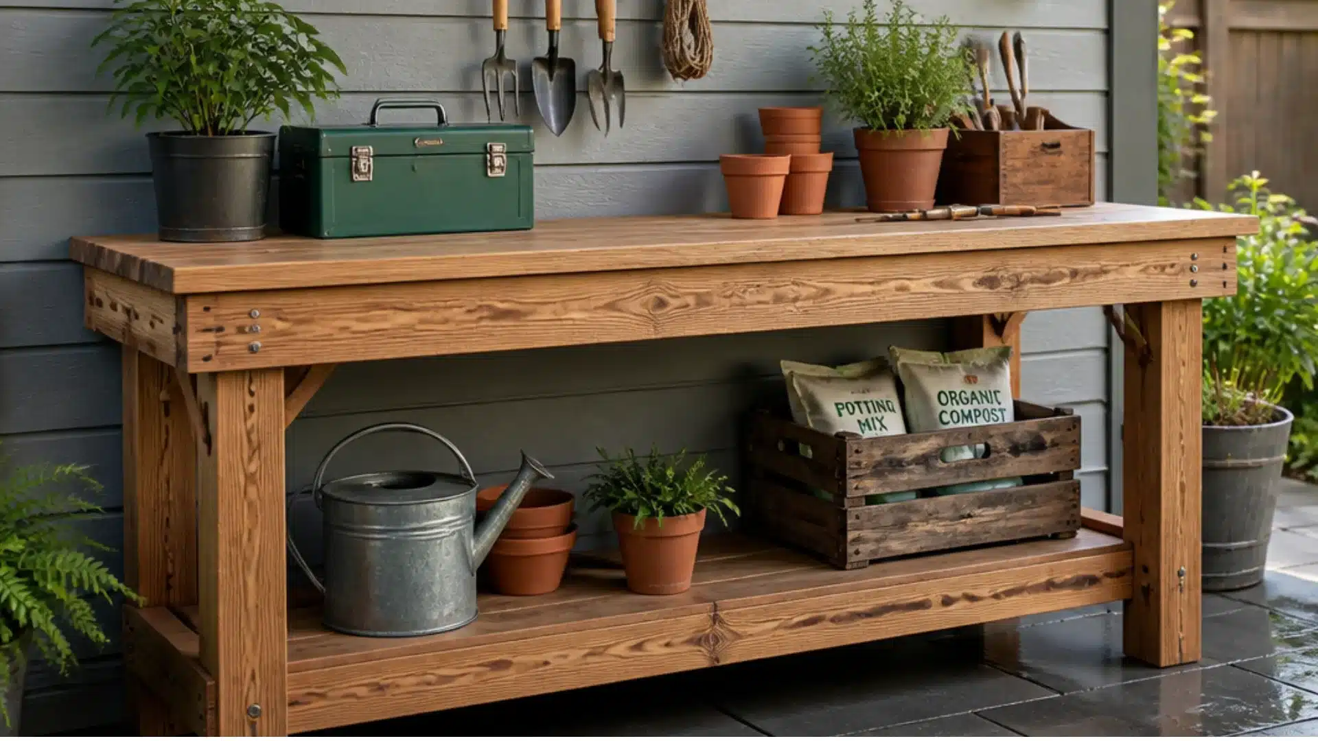 Outdoor wooden workbench with gardening tools potted plants watering can and storage shelf on a covered patio.