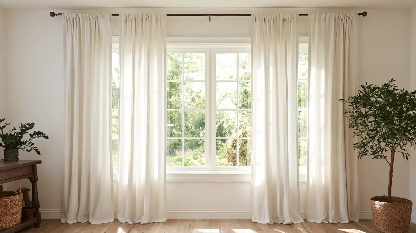 Outside mount curtain rod installed above a wide window with long white curtains reaching the floor