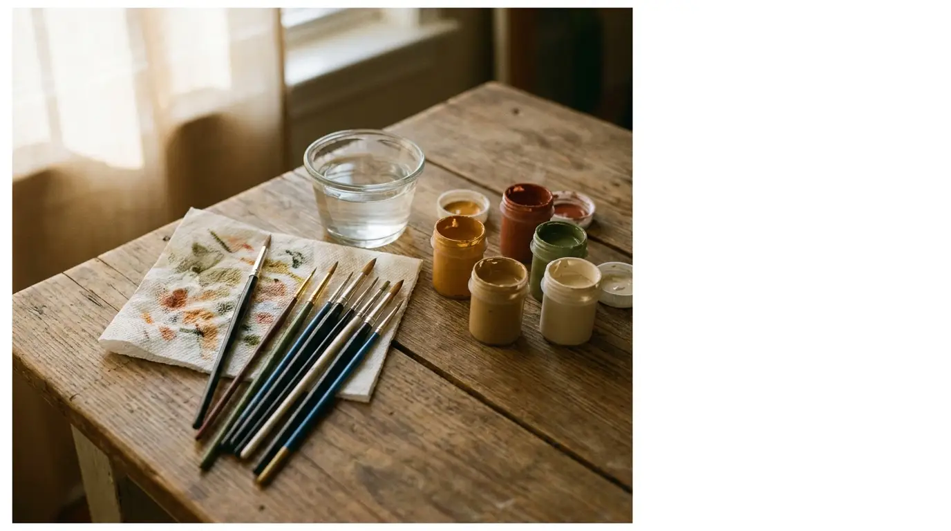 Paintbrushes, water jar, and paint pots on rustic wooden table in soft natural light