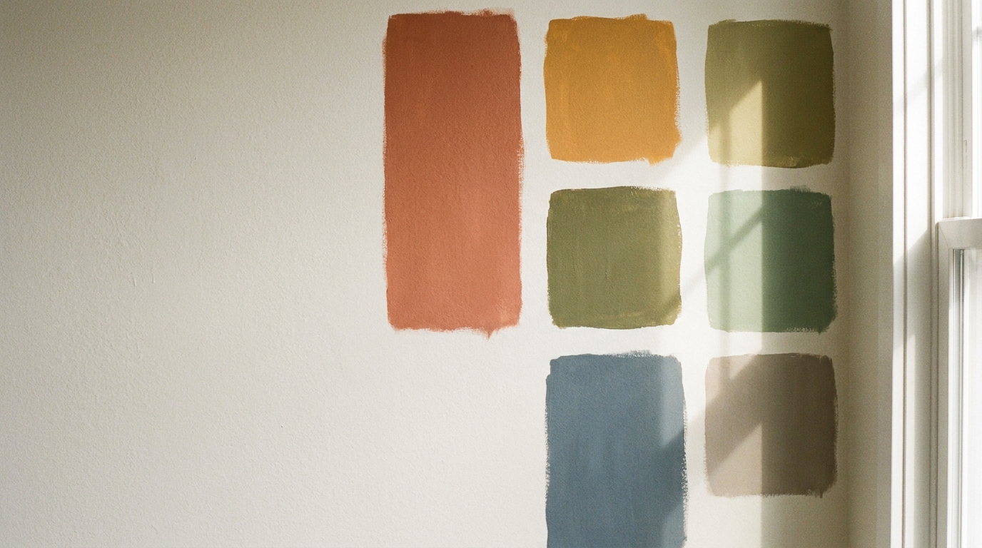 Wall with six paint swatches in various earth tones next to a window.