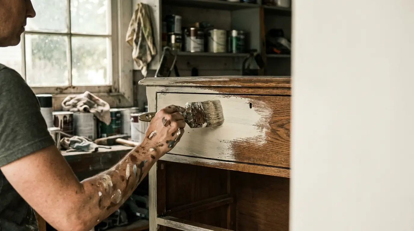Person painting a wooden dresser in a workshop with natural light streaming through a window