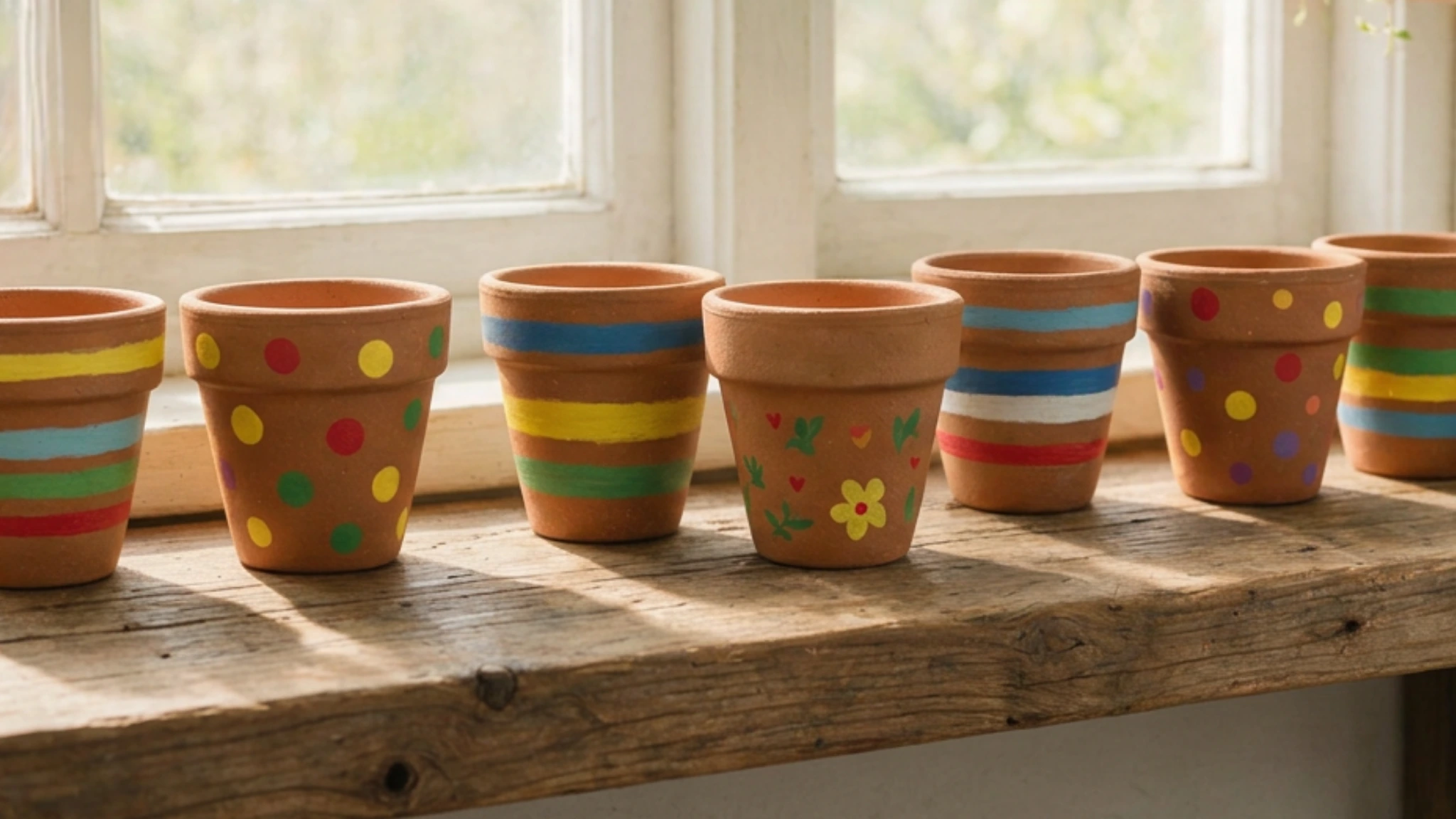 Seven colorful terracotta flowerpots, decorated with stripes, dots, and flowers, sit on a wooden table by a window.