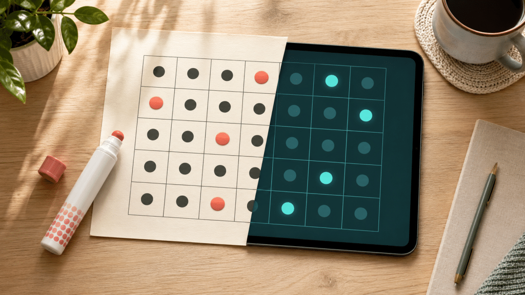 Dot grid pattern on paper and tablet beside marker and coffee cup on wooden desk