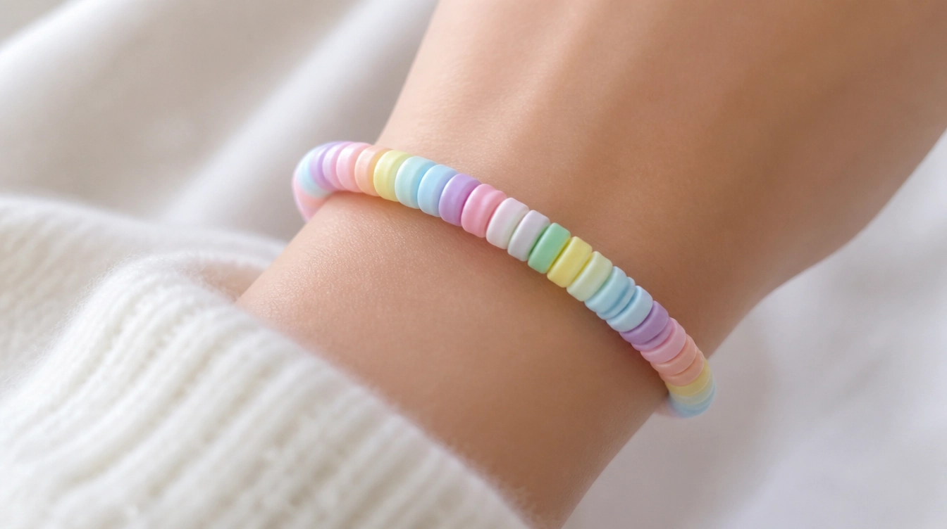 A woman wearing a pastel rainbow bracelet made of colorful beads on her wrist.