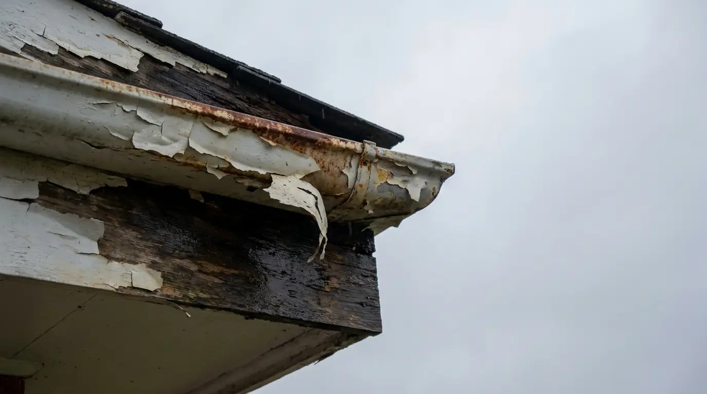 Damaged gutter with peeling paint and rust on wooden eaves under overcast sky