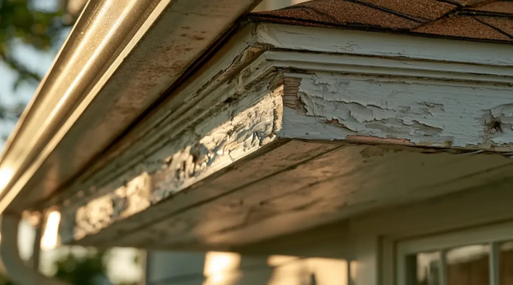 Close-up of exterior house soffit with peeling paint and rusted gutter under warm sunlight