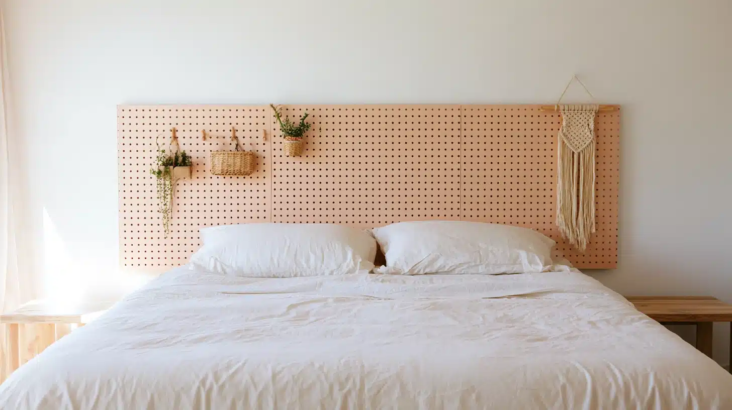 A neatly made bed with white bedding beneath a wooden pegboard headboard holding plants, baskets, and a woven wall hanging.
