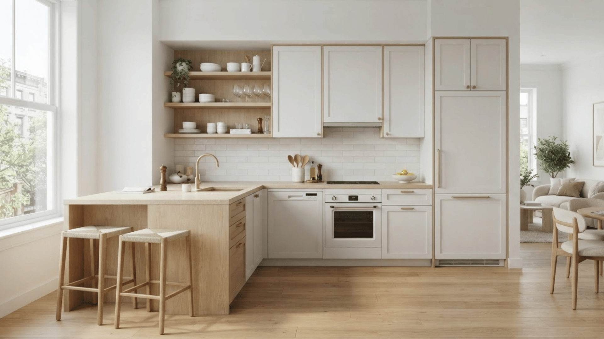 compact white kitchen with wood peninsula, open shelving, light oak stools, and bright windows
