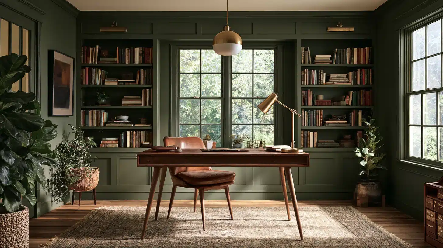 Green-paneled study with bookshelves, large windows, a wooden desk and chair, brass desk lamp, pendant light, plants, and a rug.