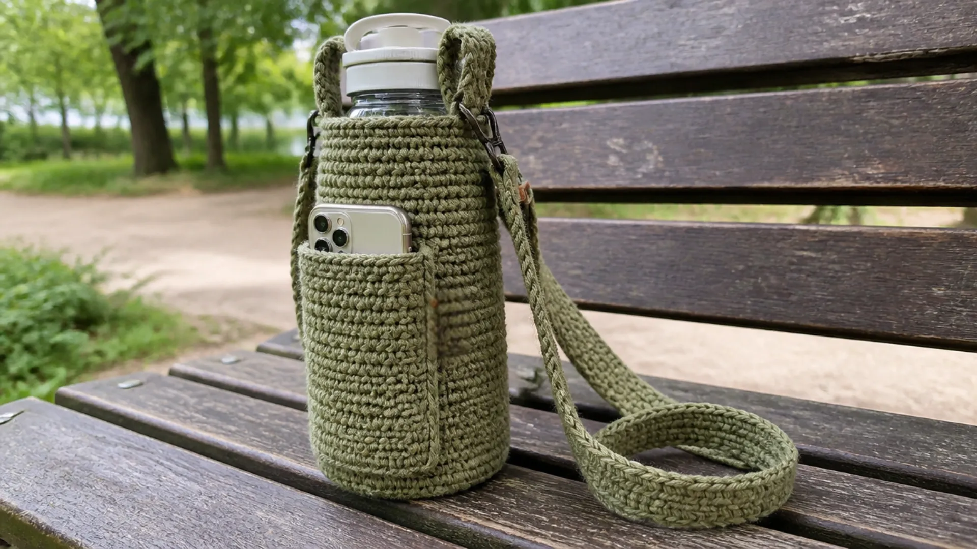 Olive green <echighlighted><echighlighted>crochet water bottle holder</echighlighted></echighlighted> with long strap and phone pocket resting on a wooden park bench