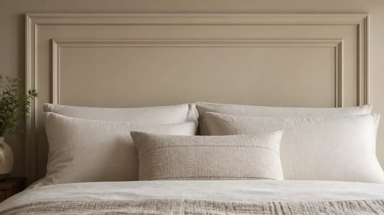 Beige picture frame molding creating a simple architectural headboard behind neutral bedding