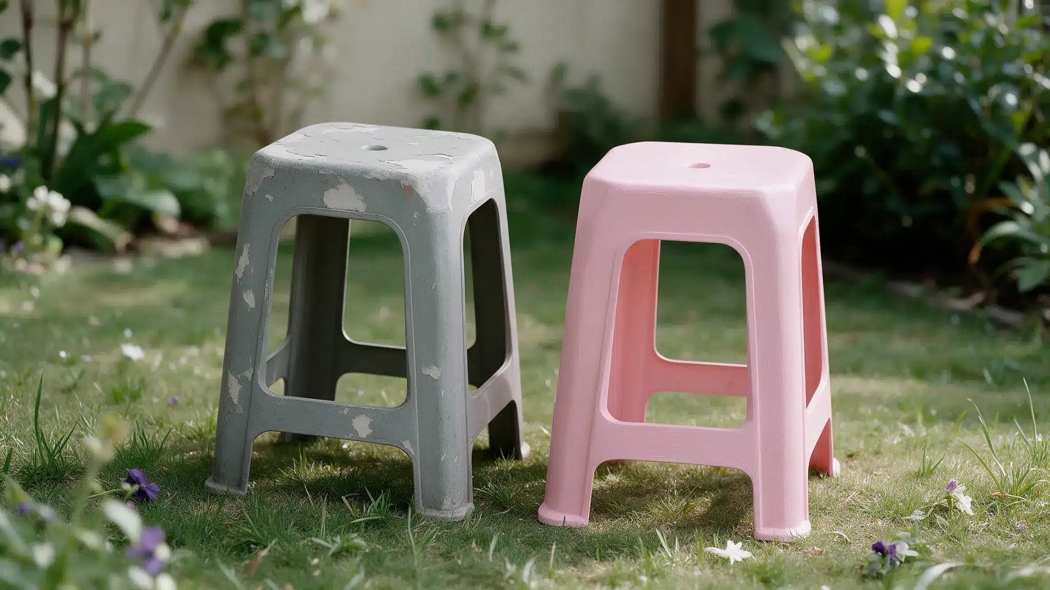 Two plastic stools, one weathered gray and one pink, stand on grass in a leafy garden.