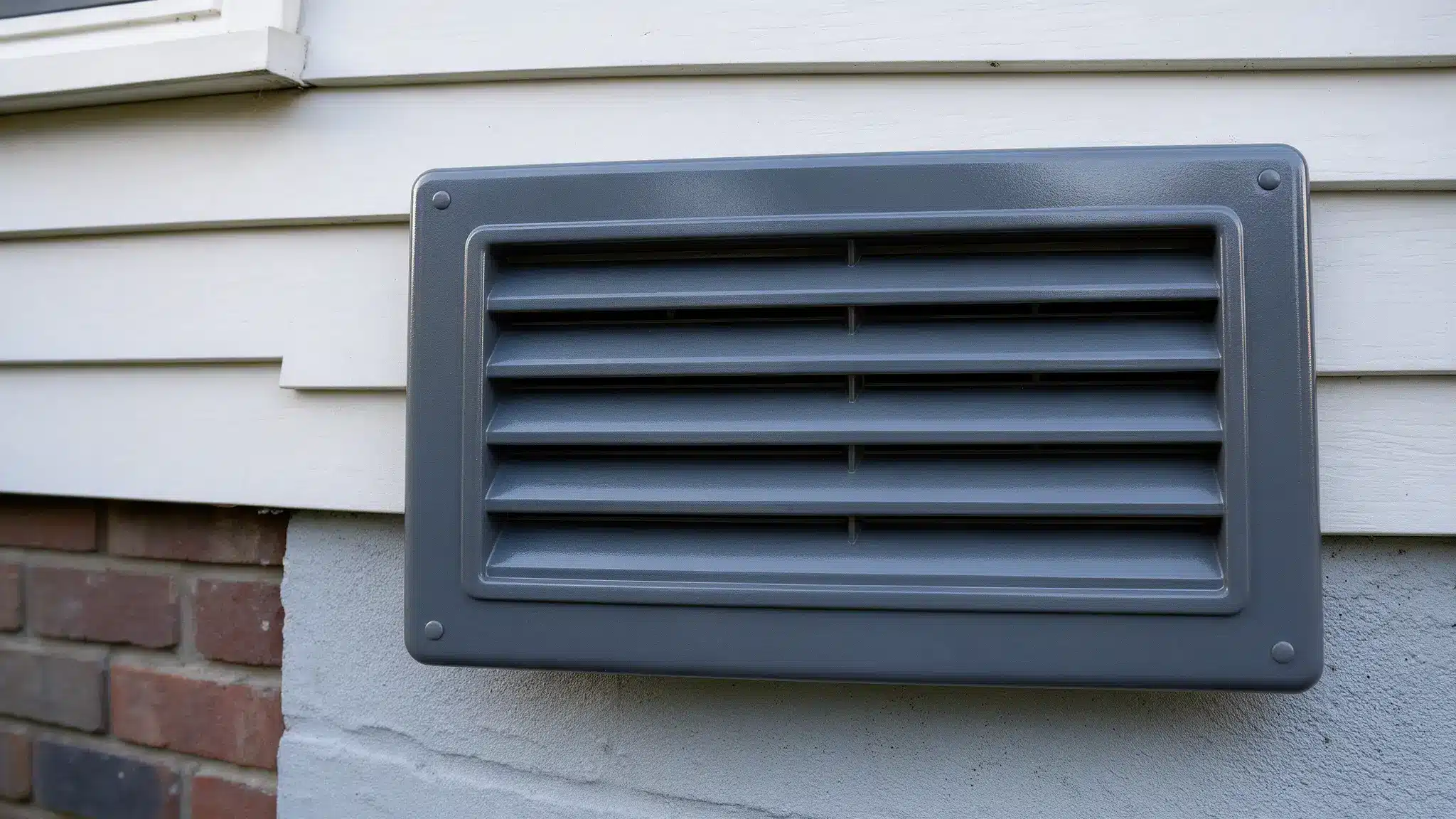 A dark gray rectangular ventilation grille with horizontal slats mounted on the exterior wall of a house.