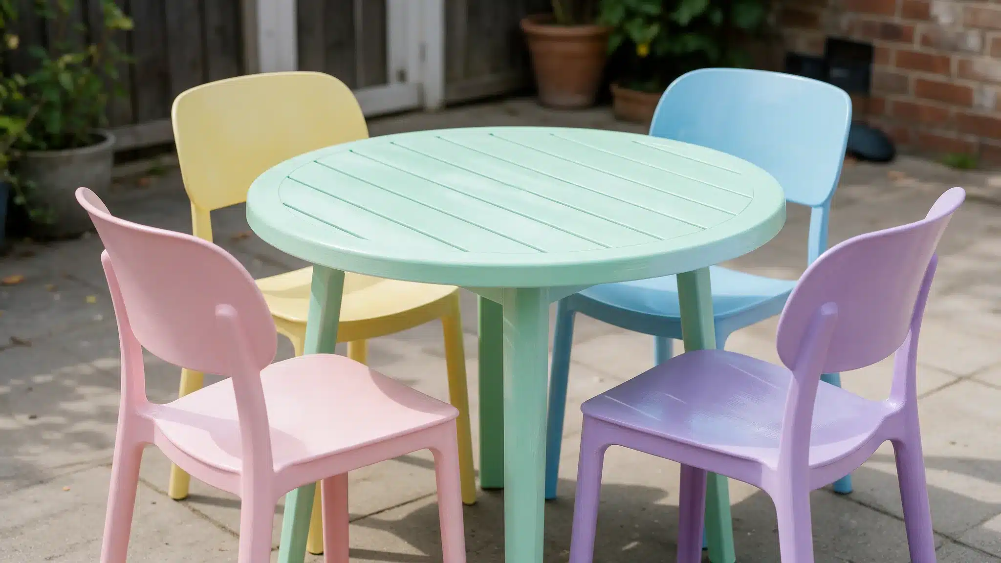 A mint-green outdoor table surrounded by four pastel chairs in yellow, blue, pink, and purple on a paved patio.