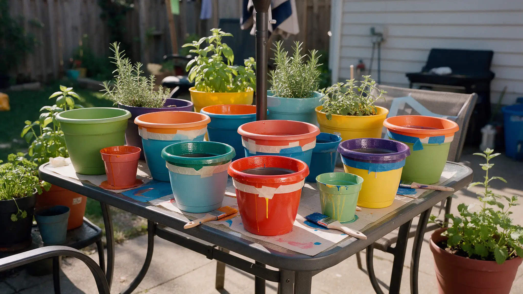 Painted plant pots and gardening tools cover a patio table, with potted herbs and flowers around it.