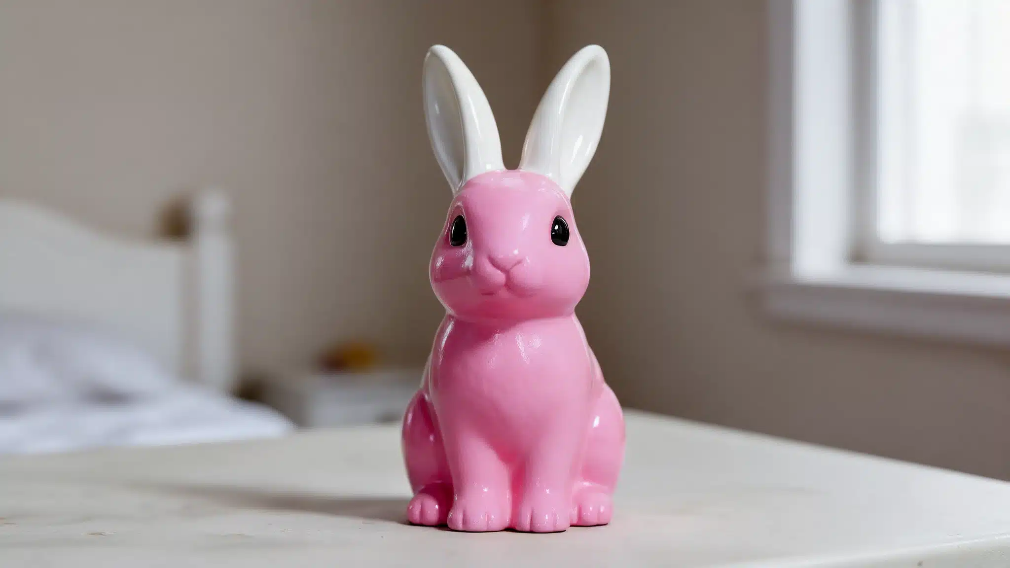 A glossy pink rabbit figurine with white ears sits on a white table in front of a softly lit bedroom window.