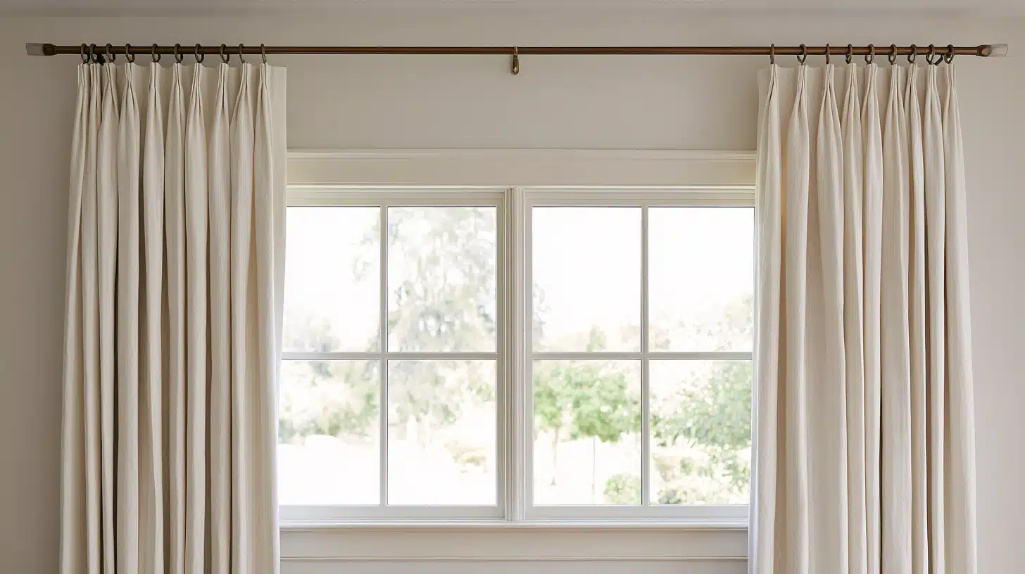 White pleated curtains hanging from rings on a long curtain rod above a wide double window
