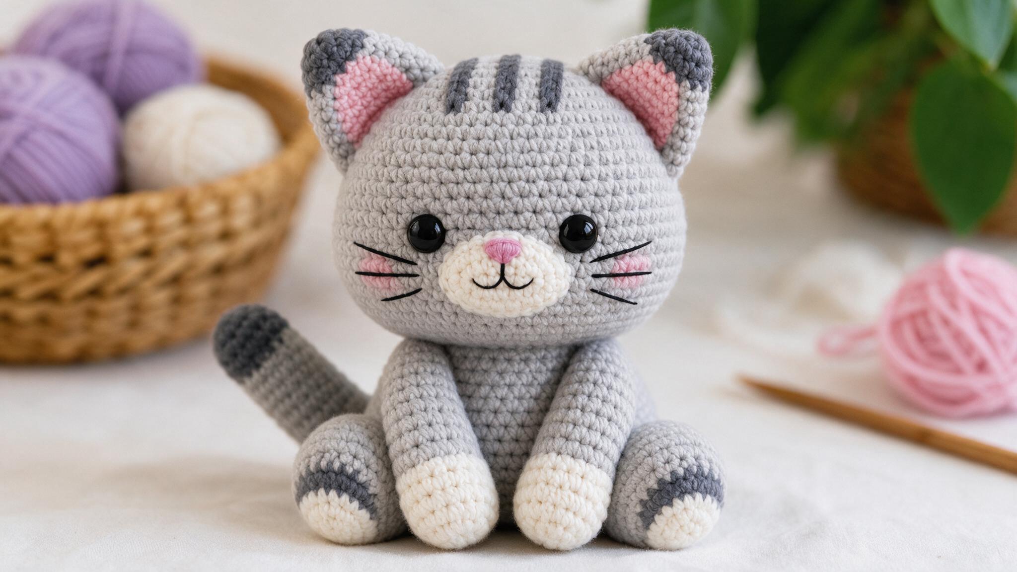 Plush gray crochet cat with striped head pink ears black eyes cream paws and curved tail sitting beside yarn balls.