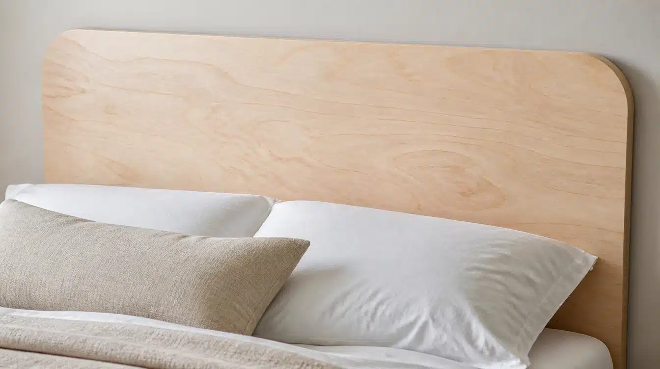 Rounded light plywood headboard with visible natural grain behind soft white pillows