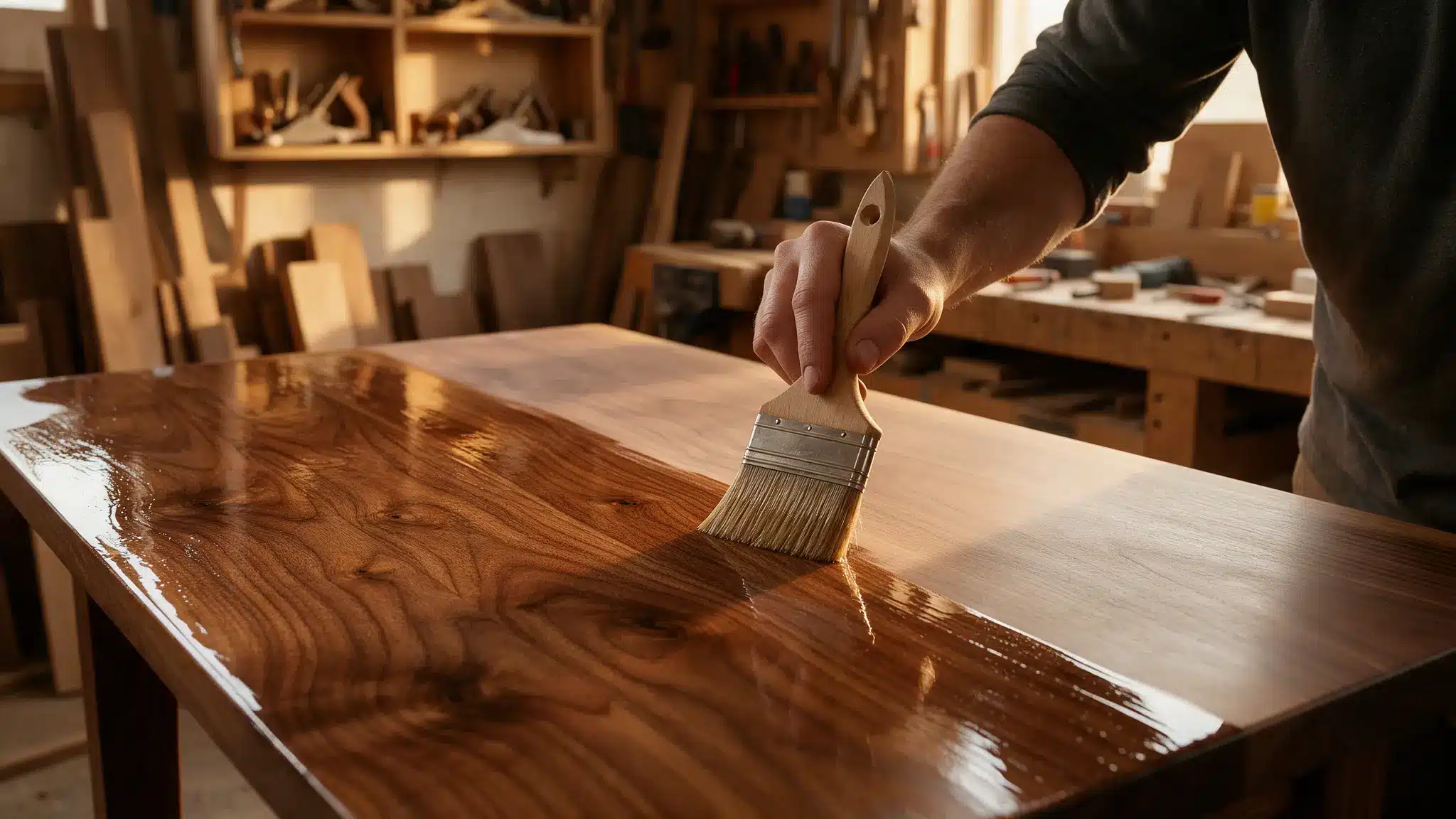 A man applies polyurethane with a brush to a wooden table, enhancing its finish and protecting the surface from damage.