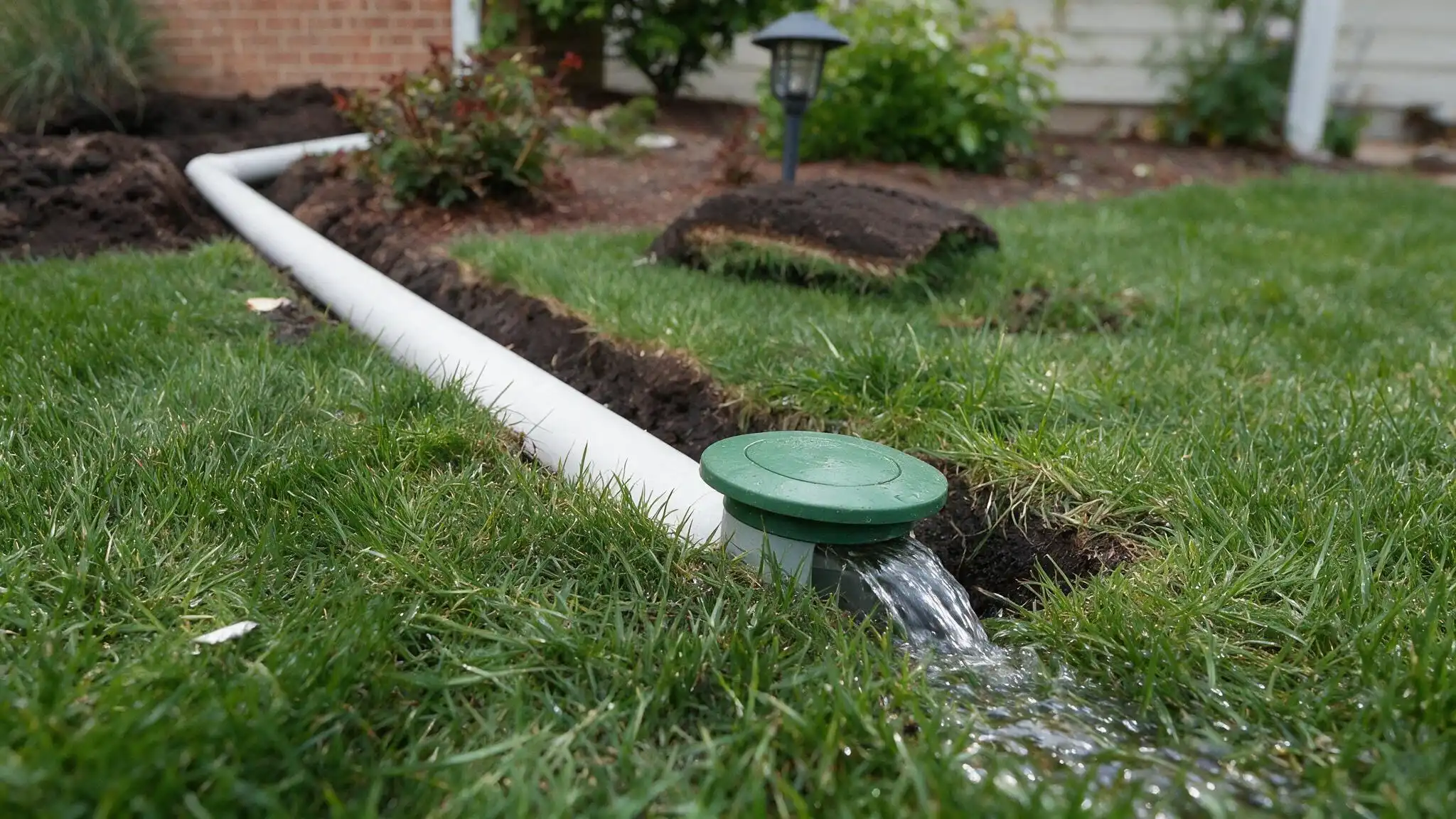 A green irrigation valve releases water onto a lawn beside a white pipe laid in a trench, with rolled sod and garden beds behind it.