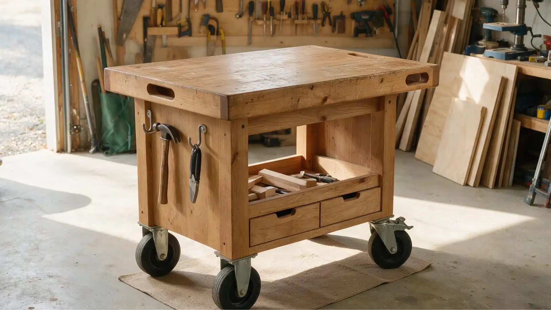 Wooden rolling workbench with drawers, shelves, hand tools hanging on the side, and four casters in a workshop.