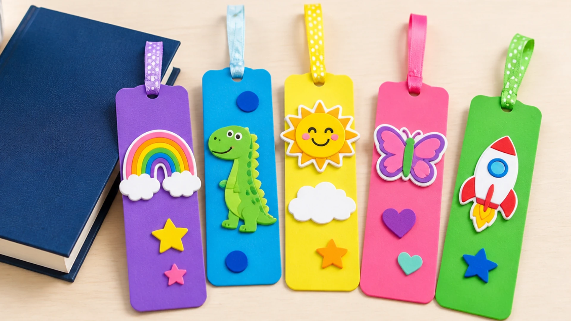 Colorful foam bookmarks decorated with rainbow dinosaur sun butterfly and rocket designs beside stacked books
