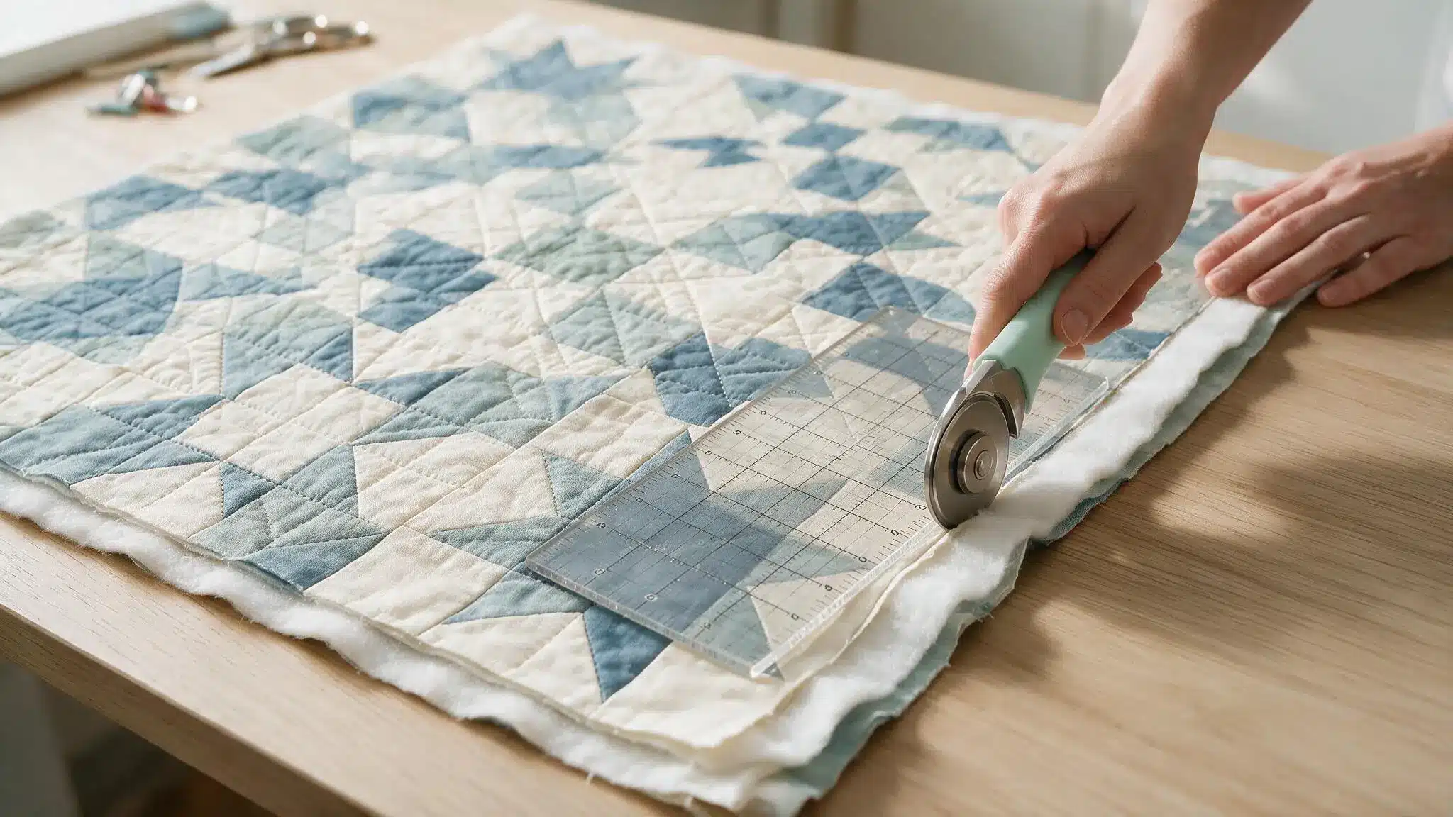 Hands trim excess batting and backing from a blue and white patchwork quilt using a rotary cutter and clear ruler