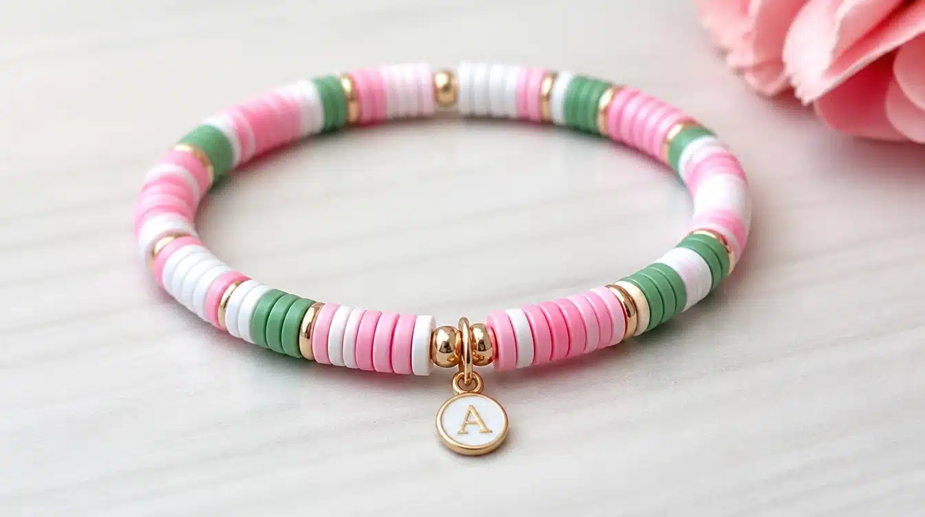 A pink, green, and white bracelet featuring a gold charm, showcasing a preppy and stylish design.