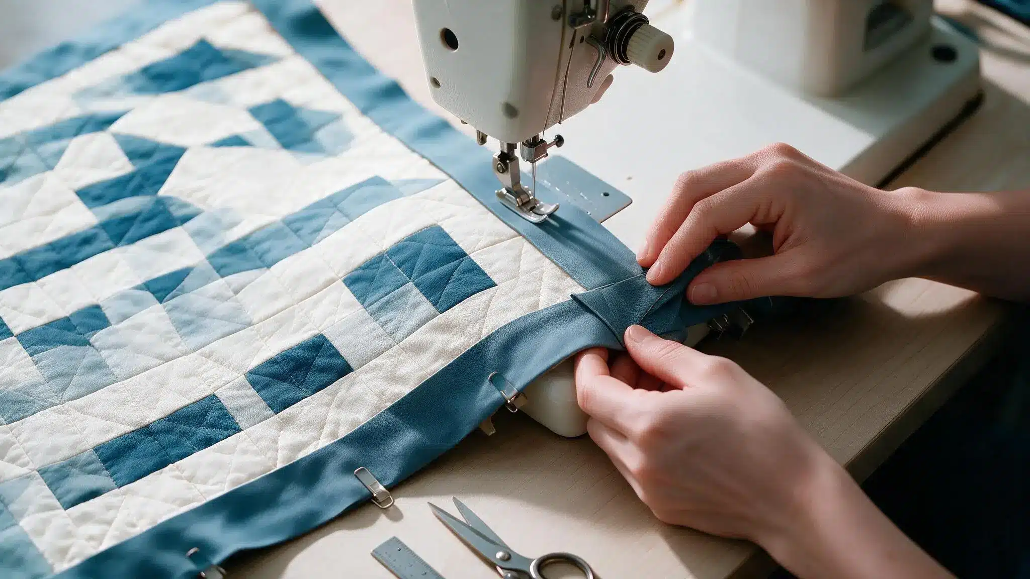 Hands fold blue binding over the quilt edge and secure it with clips while shaping a neat mitered corner by hand