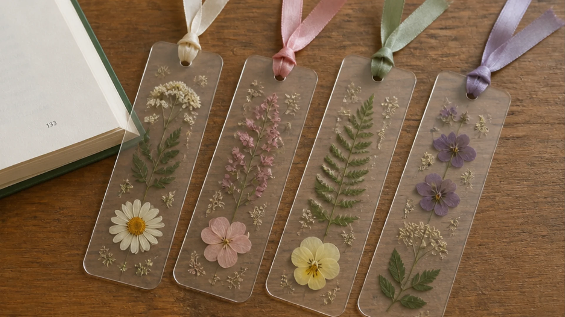Pressed flower bookmarks with colorful ribbons displayed beside an open book on a wooden table