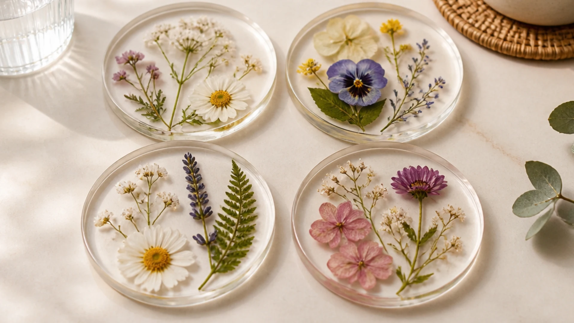 Pressed flower resin coasters featuring colorful blossoms leaves and ferns arranged on a light tabletop